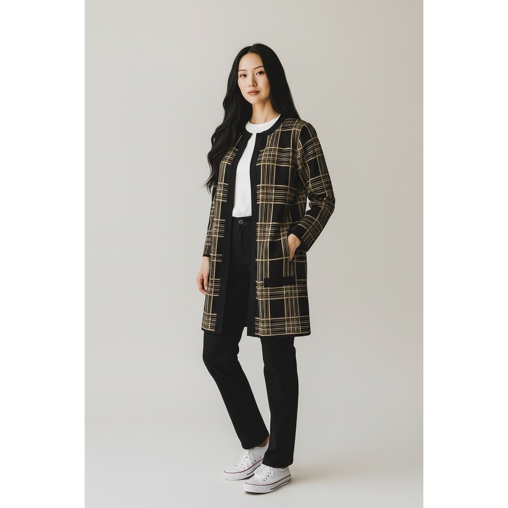 Misook Back Gold Plaid Open Front Knit Cardigan Jacket Longline VTG Sz XS PETITE
